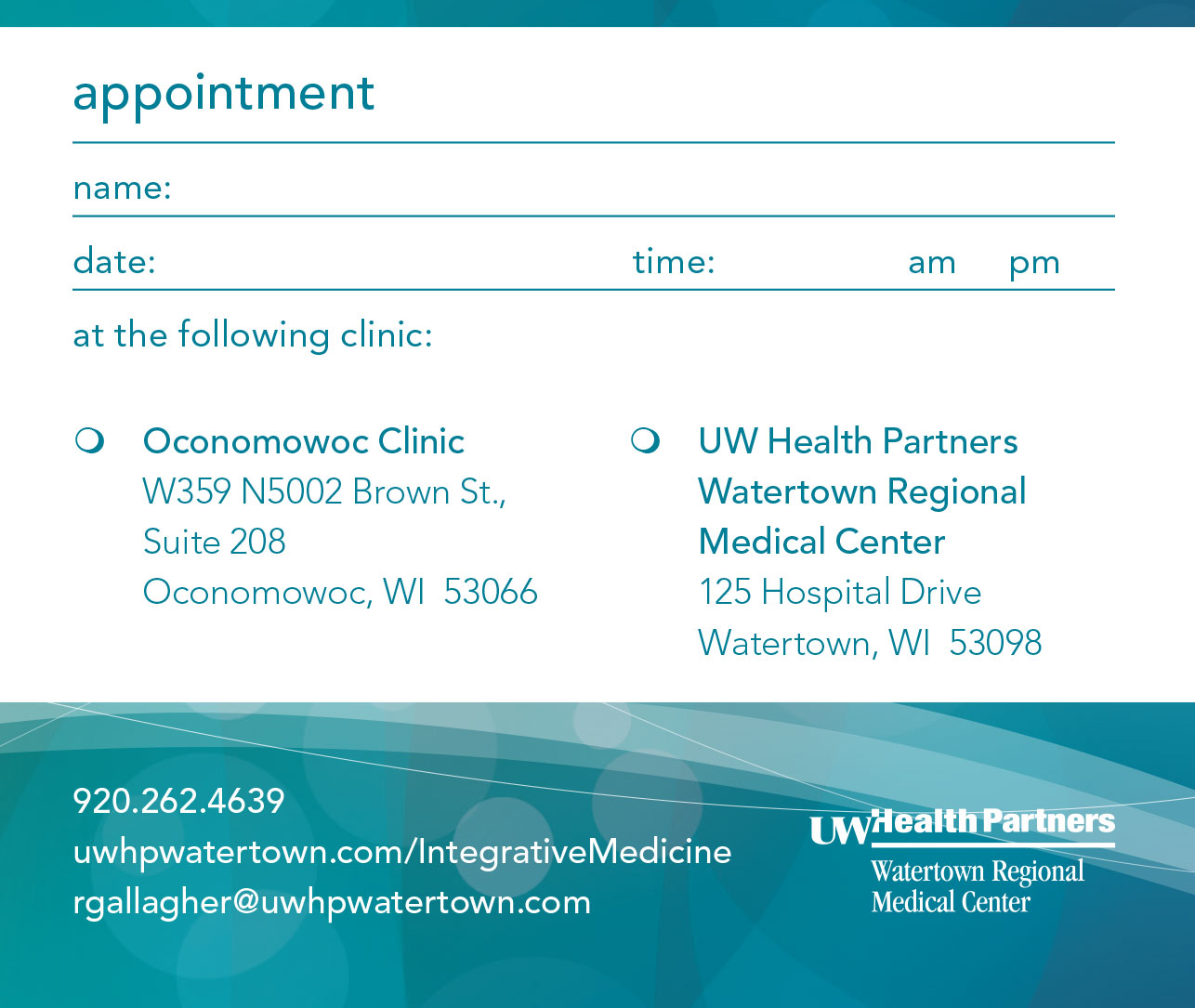 Integrative Medicine appointment card