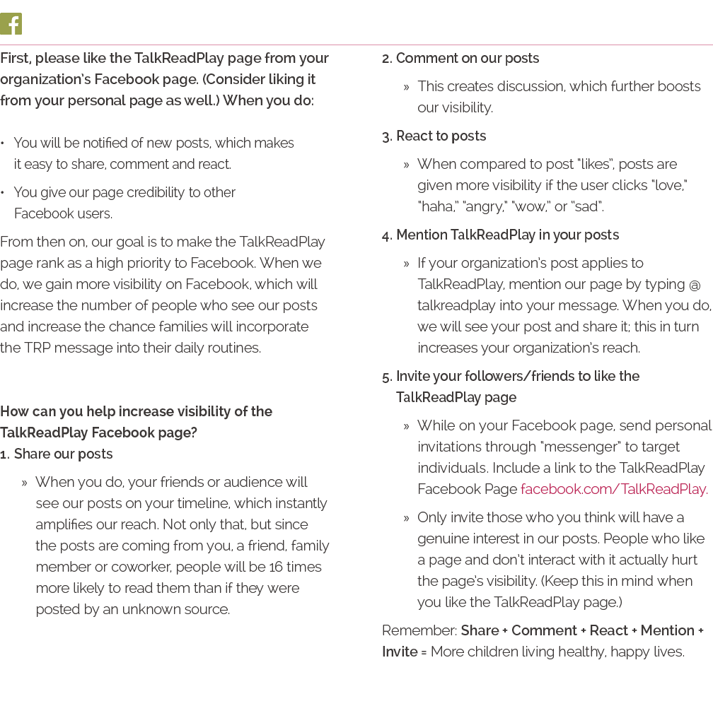  First, please like the TalkReadPlay page from your organization s Facebook page  (Consider liking it from your perso   
